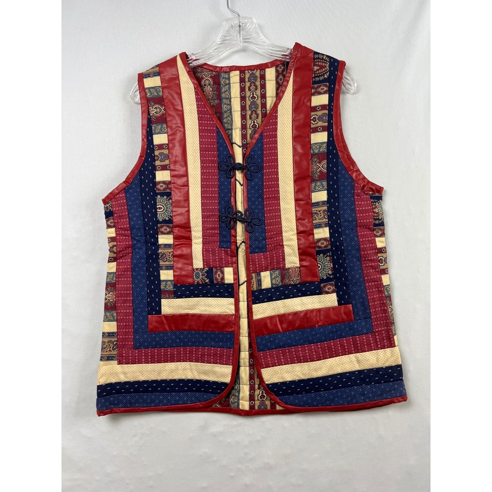 Quilted Patchwork Vest Womens L Handmade Red Blue Heart Log Cabin Grannycore